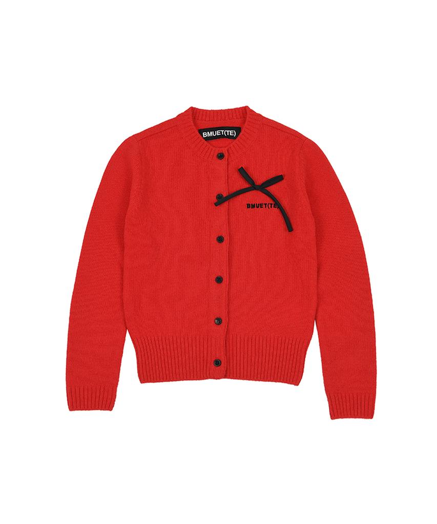 Bmuette Red Wool Cardigan With Ribbon Detail Logo Embroidery