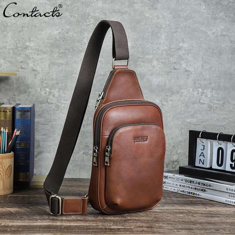 CONTACT'S Genuine Leather Chest Bag Casual Crossbody Bag Travel Shoulder Backpack Men's Leather Multifunctional Bag