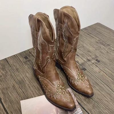 Кожаные ковбойские сапоги в западном стиле, вышитые, зимние сапоги рыцаря, челси, ботинки мартинсы, средней высоты, ботинки maillard, женский бархат