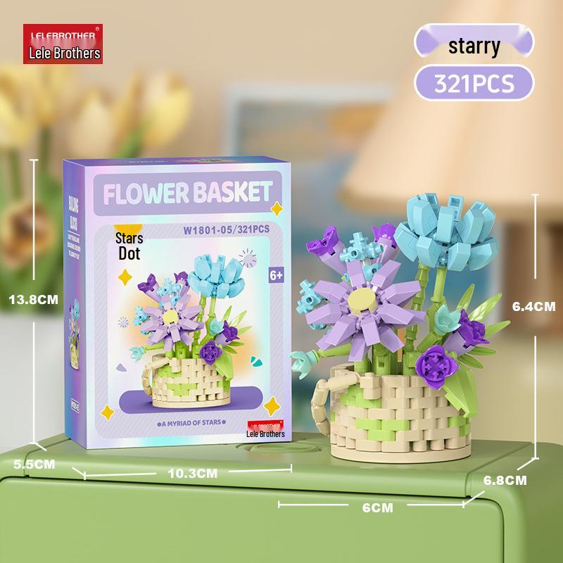 Preserved Flower Basket Building Blocks: Rose & Succulent Ornaments, Educational Toy for Girls, Ideal for Valentine's Day or June 1st Gift