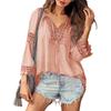 Women Tops V-Neck Embroidery Lace Trim Lace-up Long Sleeve Pullover Tops Solid Color Loose Fit Casual Style Shirt