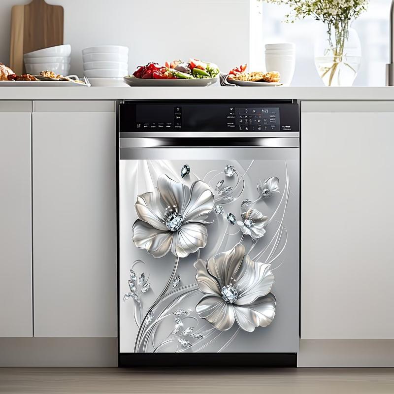 Silvery Floral Rhinestone Decal Sticker Self Adhesive Kitchen Fridge Decoration Waterproof Removable Home Appliance Decor