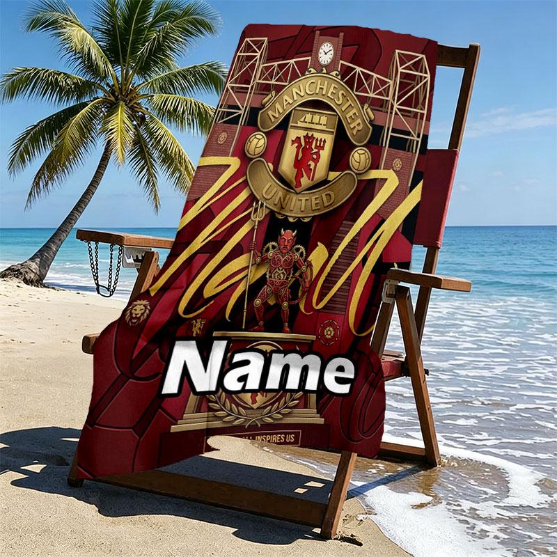 Custom Name Personalized Manchester United Print Beach Towel, for Trip Camping Beach Party Home Decor, Birthday Gift for Family & Friends