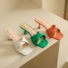 Fashion New Summer Green Orange Women Slippers Solid Color Shoes Classic Square Toe Flip Flops Beach Med Heel Slides Mules
