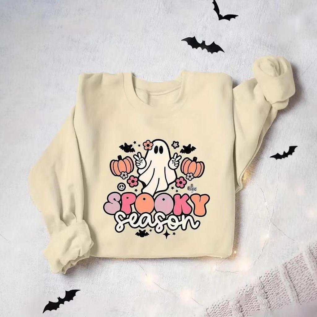 2025 Halloween Ghost Print Round Neck Long Sleeve Hoodie for Europe and America