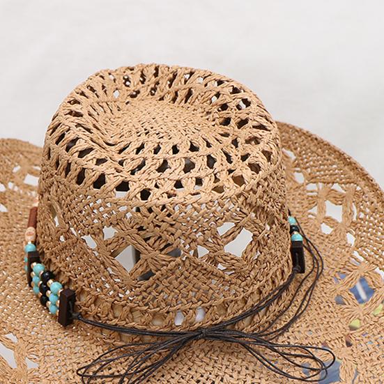 Hat with Decorative Bands Hollow Ultralight Breathable Design Cowgirl Woven Sun