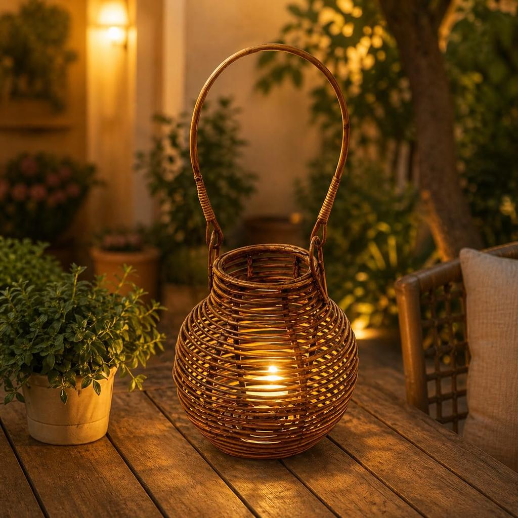 Eco Decx Rattan Hurricane Lamp with Handle, Woven Decorative Table Lamp for Bedroom, Living Room & Bedside Decor, 25 x 25 x 30 cm