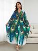 2024 Green Peacock Plume Printed Beach Dress V-neck Side Split Plus Size Kaftan Summer Boho Swimsuit Coverup For Women Cozy House Robe Q1588