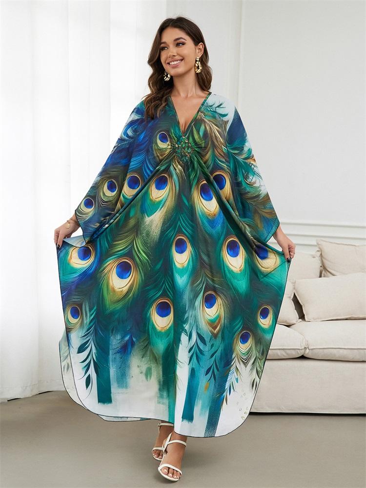 EDOLYNSA 2024 Green Peacock Plume Printed Beach Dress V-neck Side Split Plus Size Kaftan Summer Boho Swimsuit Coverup For Women Cozy House Robe Q1588