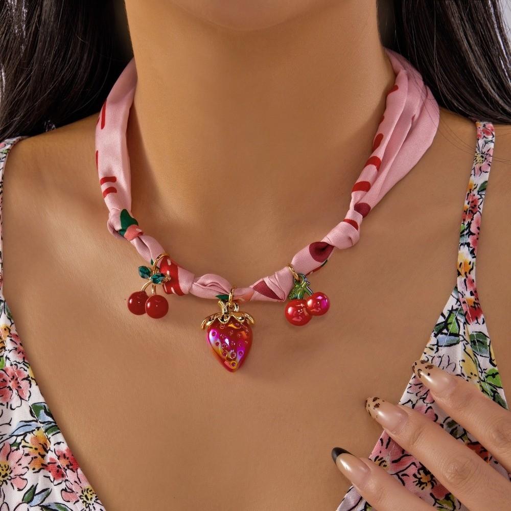 Adjustable Bohemian Scarf Necklace Vintage Neck Chain Sweet Cherry Strawberry Choker Casual Wear