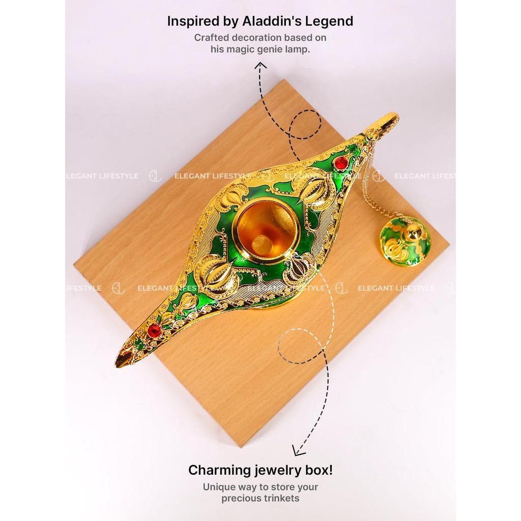 Винтажная лампа Аладдина Чираг - Роскошная металлическая шкатулка для драгоценностей, Декоративный экспонат, Для дома и офиса - 12 см(Золотисто-Зеленый)