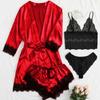 European Luxury V-neck Satin Pajama Set: Lace Cami, Five-Point Sleeve Robe, Four Pieces