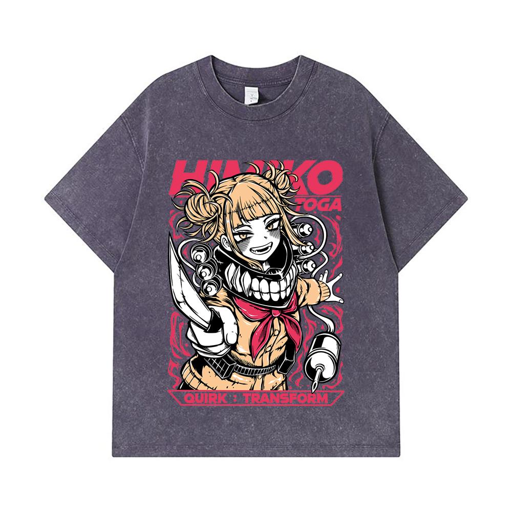 Стиранные футболки 275 г/м² 100% Хлопок My Hero Academia V12 Принт Тоги Унисекс Тяжелая хлопковая футболка