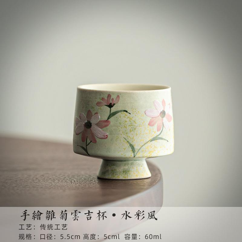 2pc/lot Hand Drawn Daisy High Foot Teacup Tea Bowl Beautiful Tea Cup Master Cups Chazhan Chinese Tea Set Ornaments Supplies 60ml
