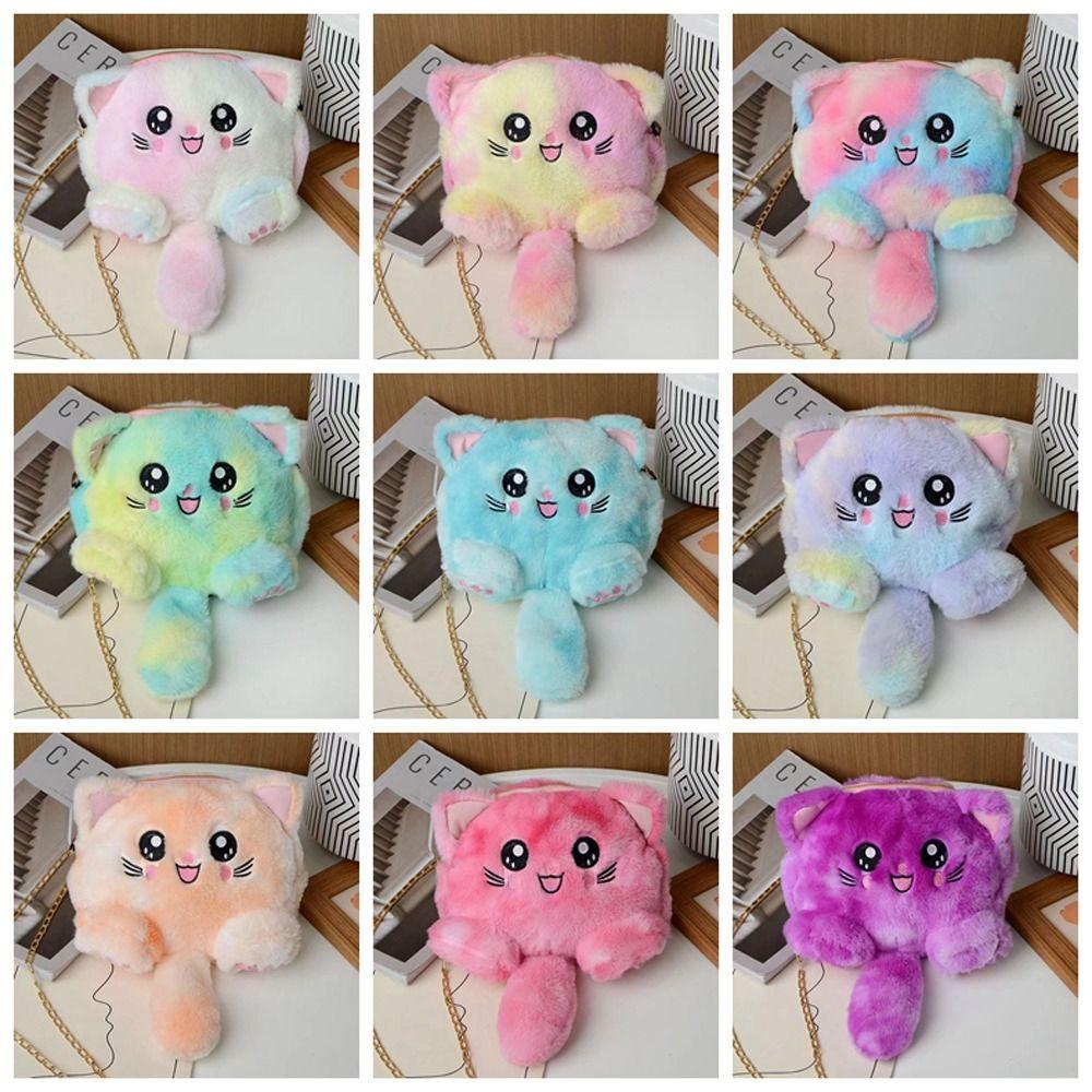 Rainbow Cat Shoulder Bag Faux Fur Stuffed Doll Bag Portable Plush Crossbody Bag  Streetwear