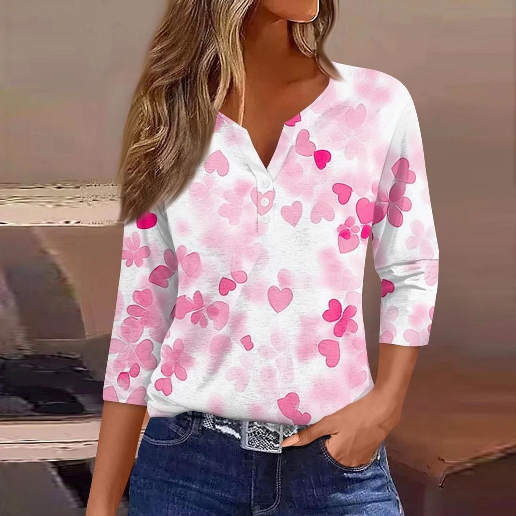 Жен. Футболка Футболка С принтом Пуговицы Рукав 3/4Ежедневно Выходные Мода Классический Топ с v-образным вырезом Обычный