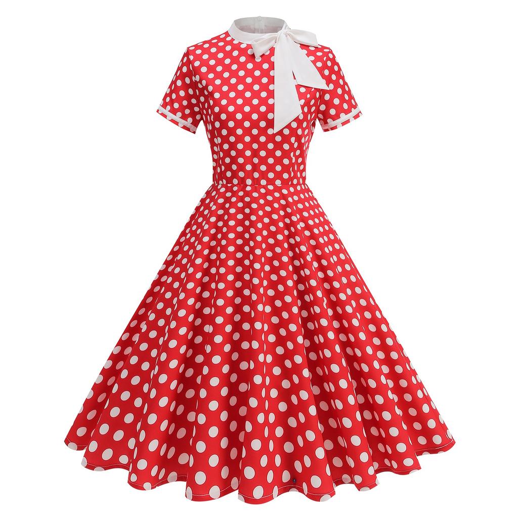 Women's Fashionable Fresh Polka Dot Long And Long Swing Retro Dress