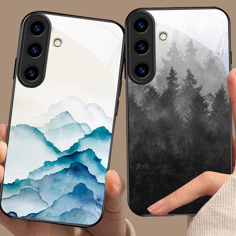 Чернильная пейзажная живопись Для Для Samsung Galaxy S25+ S24+ S26 Ultra S25 Edge S24 FE S23 S22 S21 S20 Plus Черный Стеклянный Чехол для Телефона