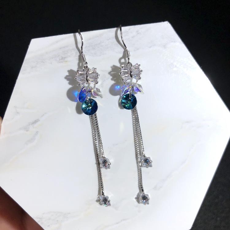 Австрийские серьги из супер-блестящего хрусталя, серьги-пусеты, нишевые серьги с высококлассным темпераментом, длинные простые серьги, серебряные иглы 925 пробы.