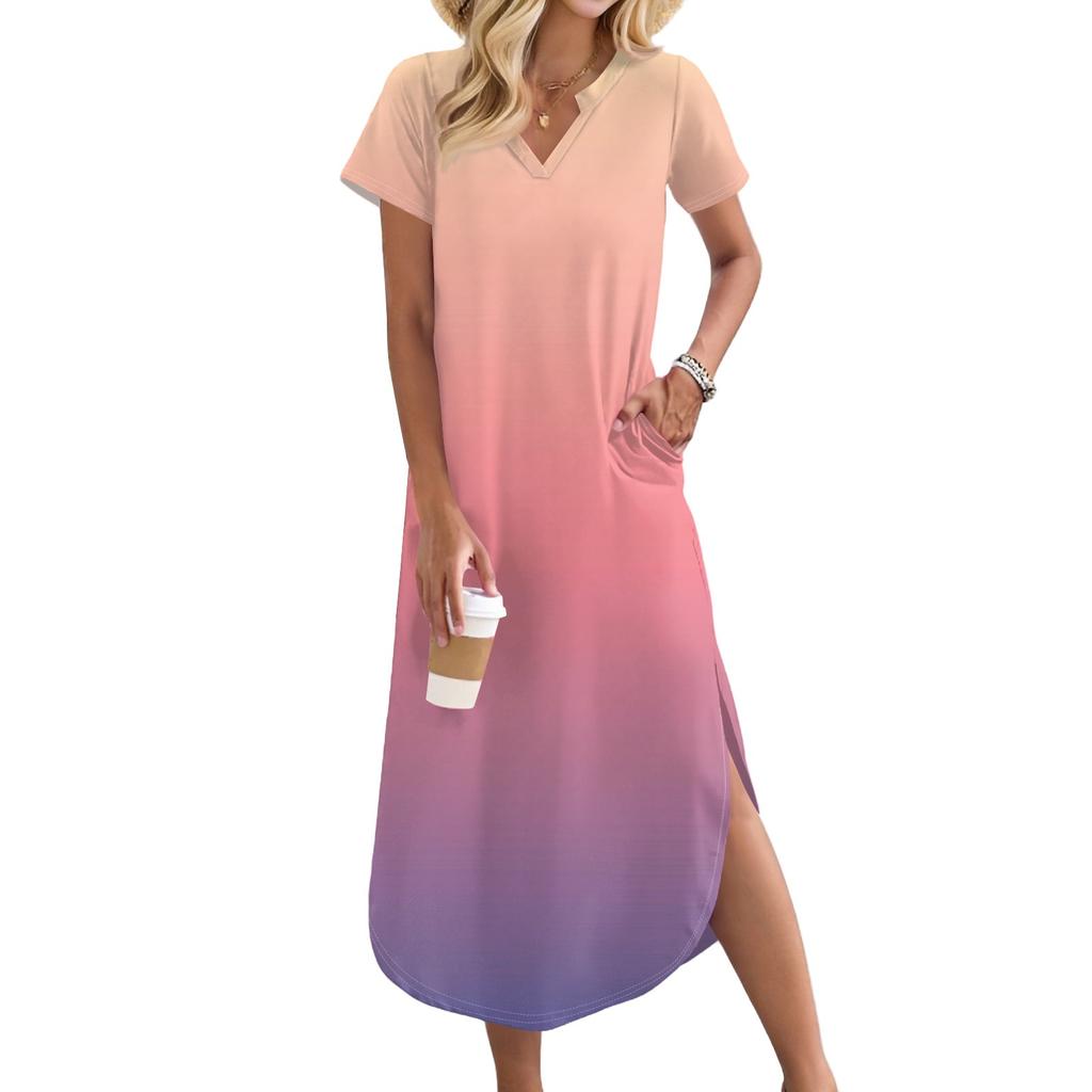 Женское длинное платье-рубашка с V-образным вырезом, повседневное, с коротким рукавом и свободным разрезом