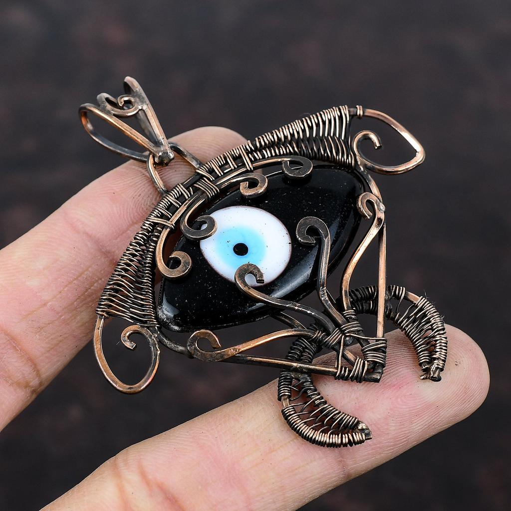 Подвеска с Глазом Фатимы черного цвета, обернутая медной проволокой, Подвеска с черепахой, Украшения из драгоценных камней, обернутые проволокой, Подвеска в стиле бохо ручной работы, Медные украшения