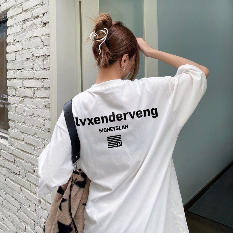 Moneyslan Письмо Нишевый Модный Бренд Американский Стиль Летняя Чистый Хлопок Свободная Мужская Пара Черная Футболка с Коротким Рукавом