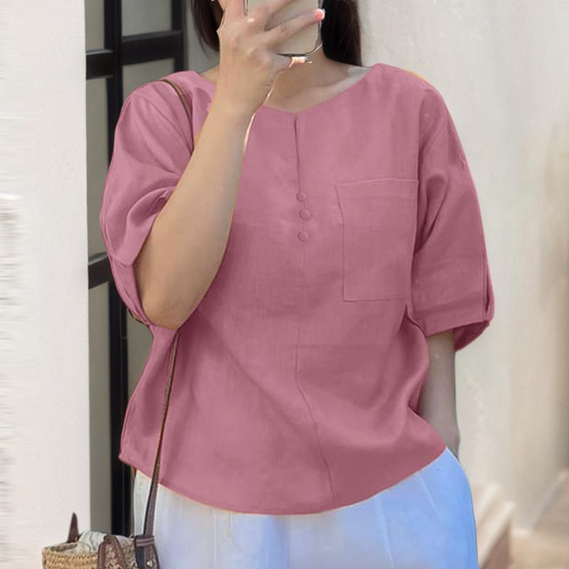 ZANZEA Женская свободная повседневная однотонная блузка с круглым вырезом и коротким рукавом