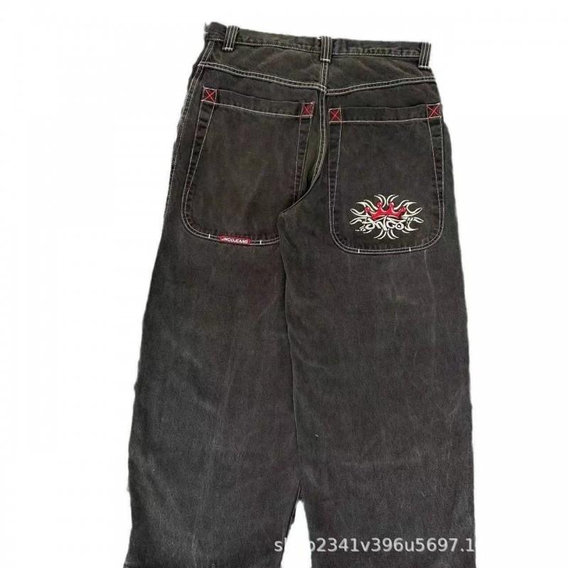 Mens Relaxed Fit Washed Denim Jeans With Embroidered Hip Hop Graphic Casual Wear