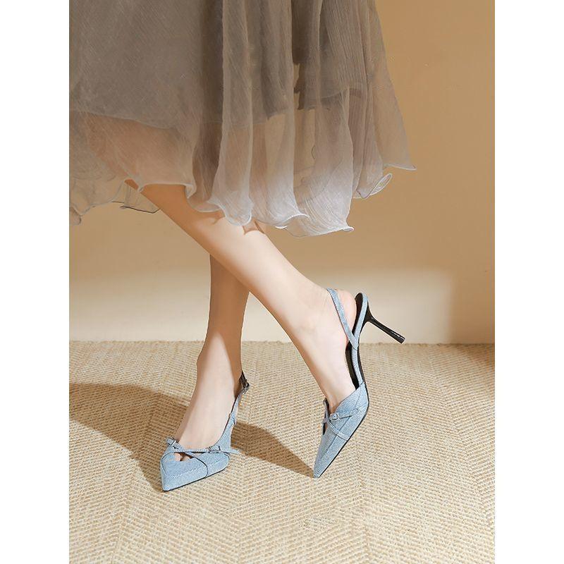 Bandage shallow mouth hollow bag head 2025 spring and summer denim new sexy stiletto fashion sandals muller shoes