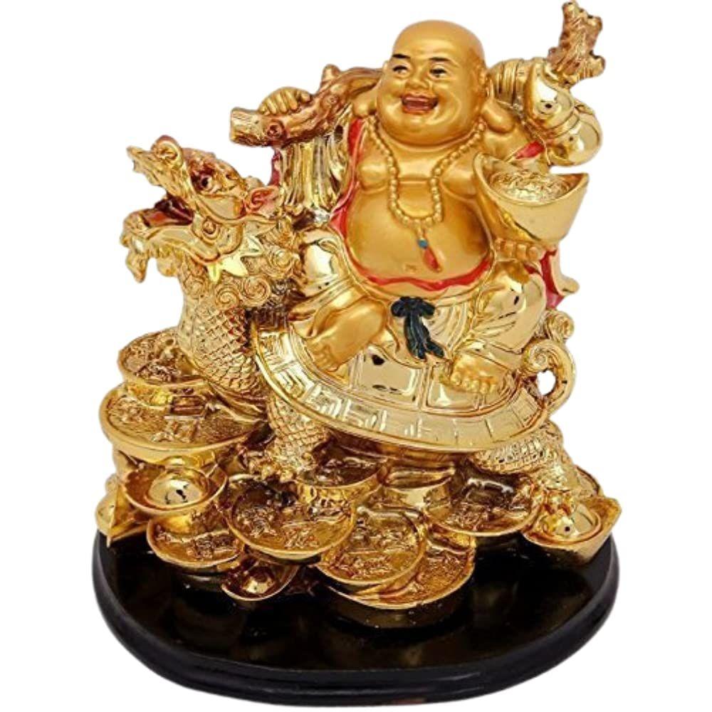 Polyresin Laughing Buddha On Dragon; 10x 13x 8 Cm; Gold; 1 Showpiece; Buddha; Dragon, Buddha,Dragon