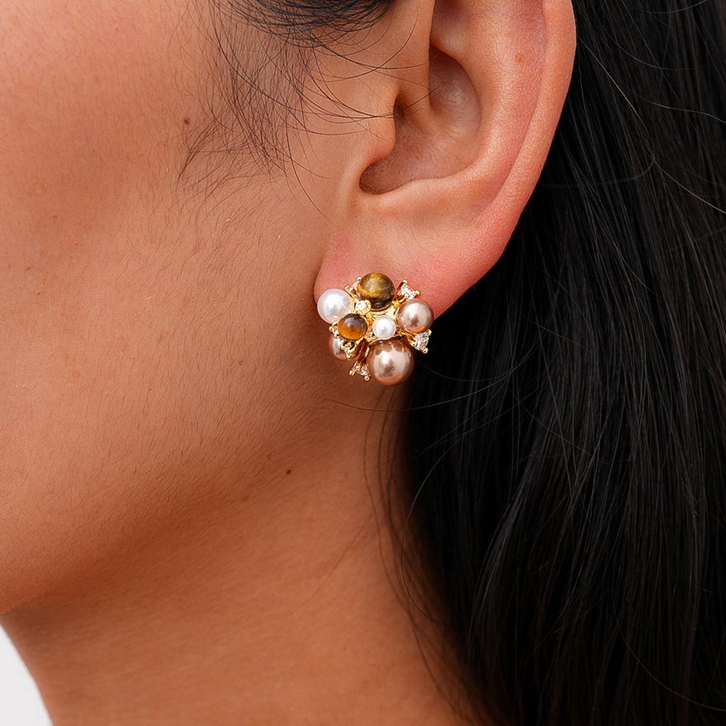 Tiger's eye, zircon, imitation pearl flower silver needle earrings, Maillard autumn and winter retro earrings.