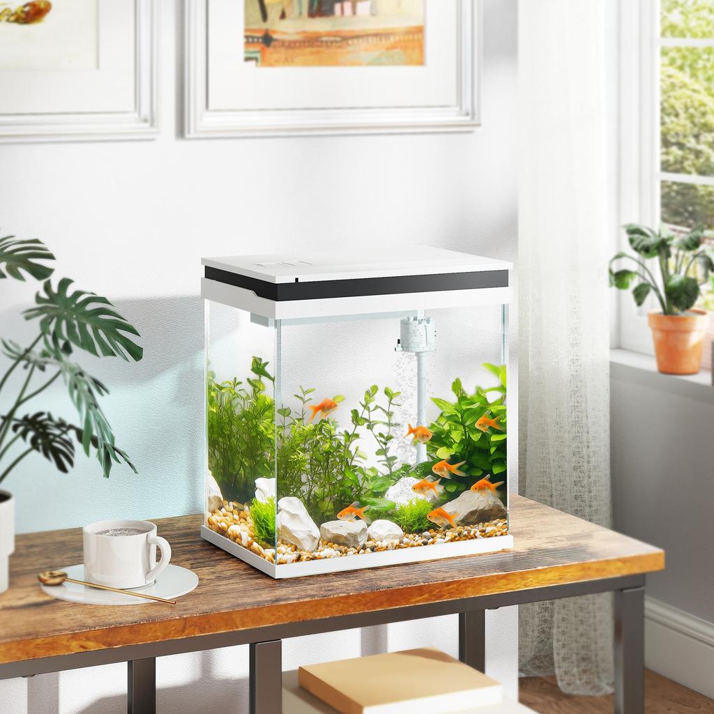 14L Glass Fish Tank With Filter System, LED Lights, Water Pump, White