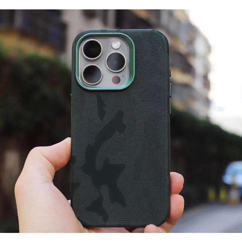 Камуфляжный кожаный чехол Magsafe для iPhone 13 14 15pro 12 13Pro 14pro max, матовый противоударный чехол с покрытием объектива, с беспроводной зарядкой