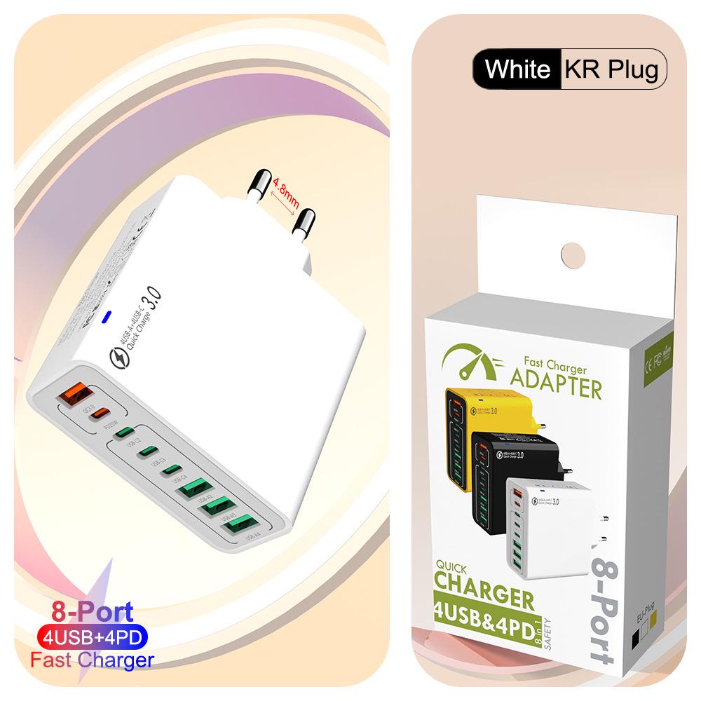 Быстрое зарядное устройство PD 55 Вт на 8 портов: 4 USB, 4 PD, QC3.0, Стандарт EU/US/KR