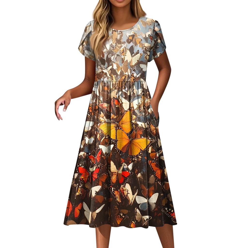 Women's Fashion Casual Loose Printed Round Neck Pocket Short Sleeve Dresses