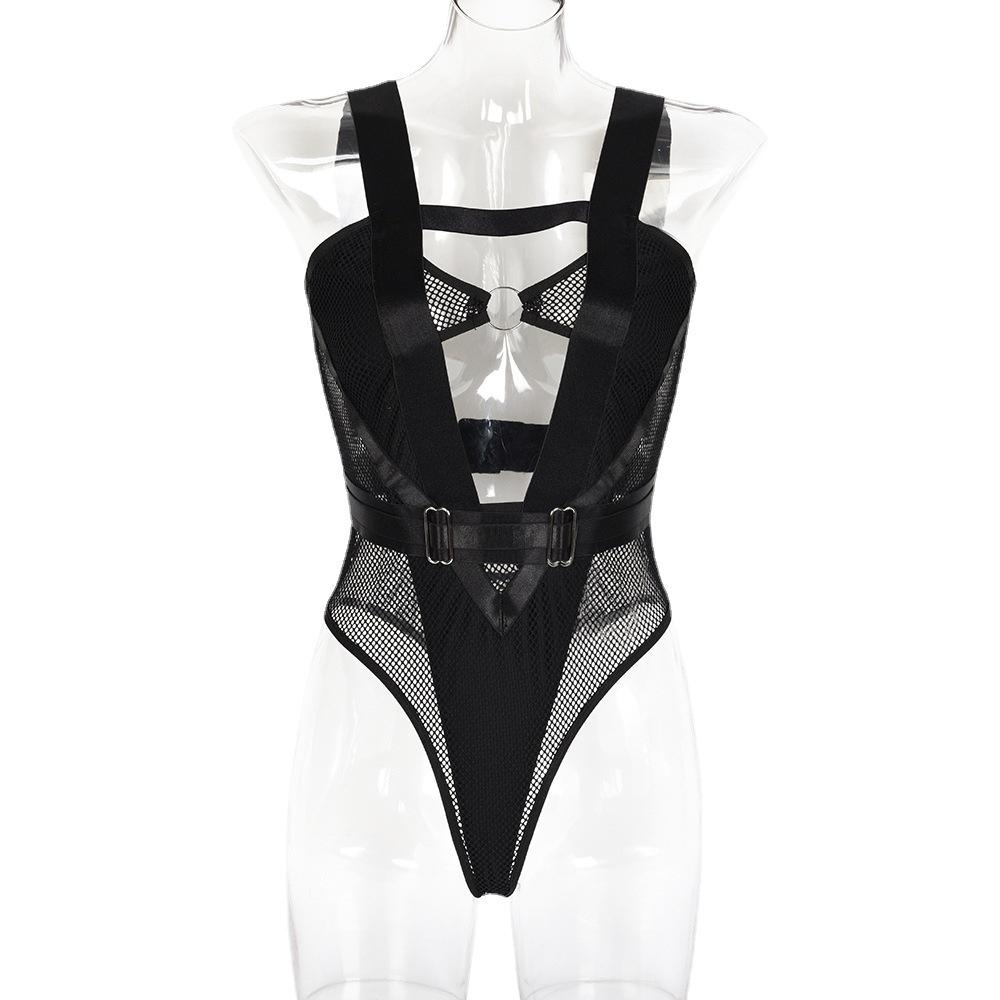 Летний новый комбинезон сетка большая резинка круглая пряжка сращивание сексуальная сексуальная одежда