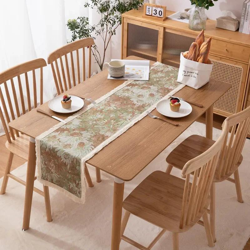 Vintage Table Runner Farmhouse Decor Oil Painting with Tassels Bohemian Sideboard for Autumn Farmhouse Thanksgiving Christmas