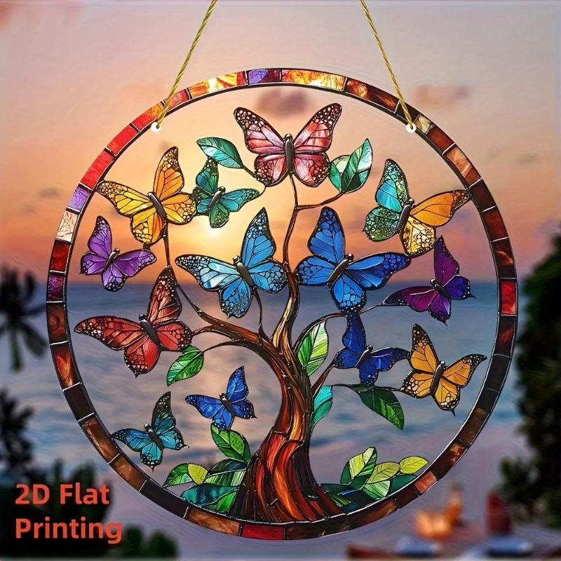 2D Flat Acrylic Tree of Life Butterfly Wall Hanging Decor with Colorful Butterflies & Sunset Design, Nurseries, Vintage Home Decor Wall for Bar