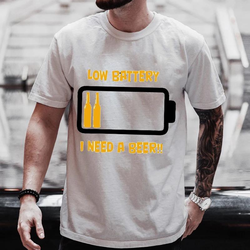 Men's T Shirt Short Sleeved Tops Clothing Tees Men T-Shirt Black Man T-Shirts Beer and Battery Print Clothes for Men Funny Tees