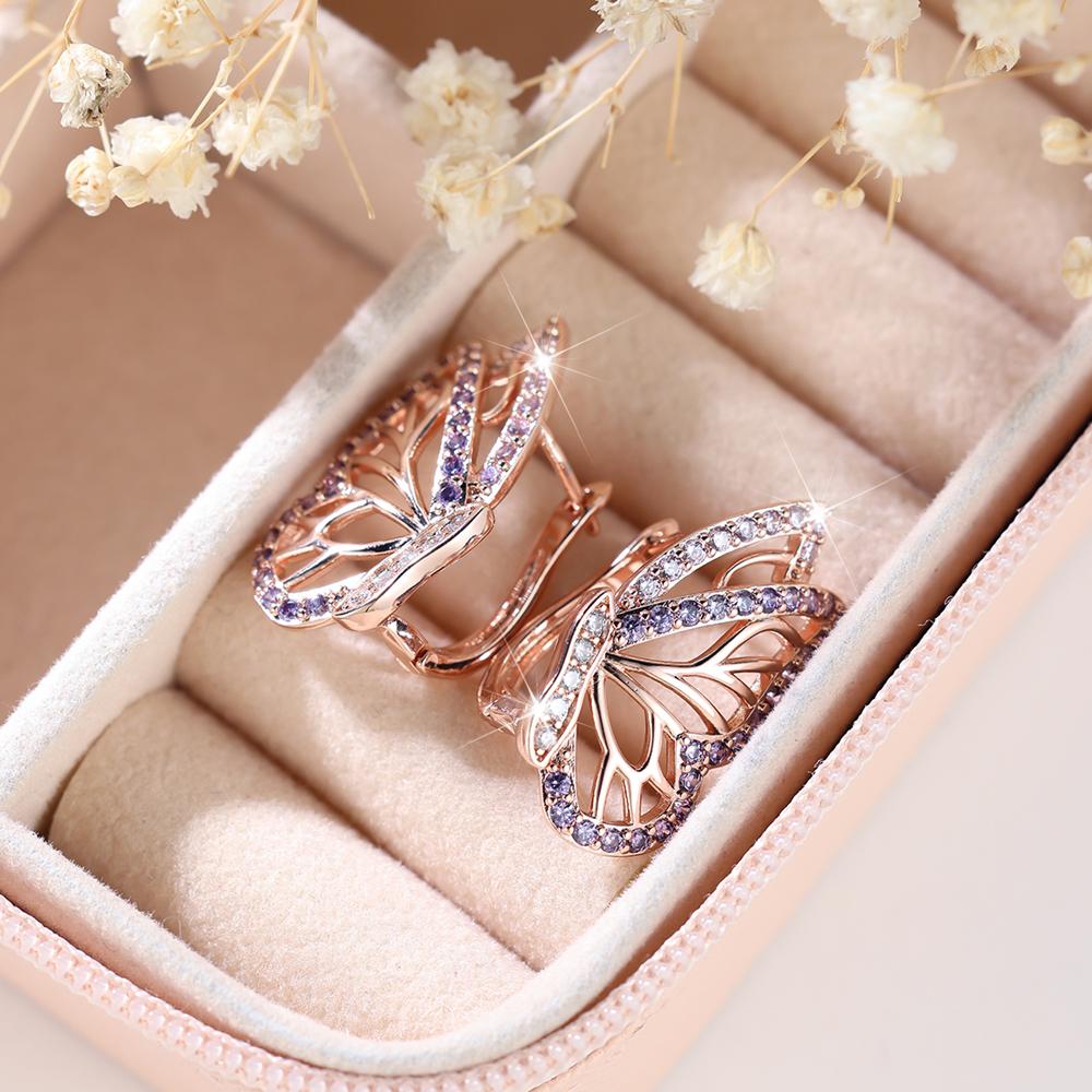 1 Pair Purple Butterfly Drop Earrings for Women Girls Luxury Rose Gold Color Hoop Earrings Wedding Party Jewelry Birthday Gifts