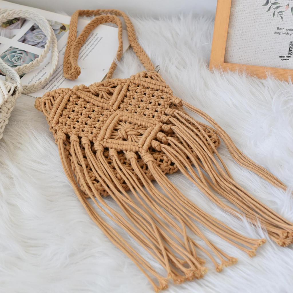 Summer Korean Tassel Crossbody Straw Bag - Retro Single Shoulder Cotton Thread Woven Flap Bag