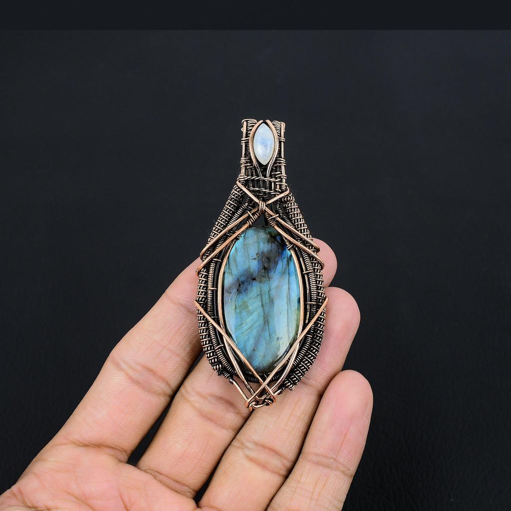Labradorite Pendant, Handmade Gemstone 999 Copper Wire Wrapped Pendant Antique Jewelry, For Gift Silver Jewelry
