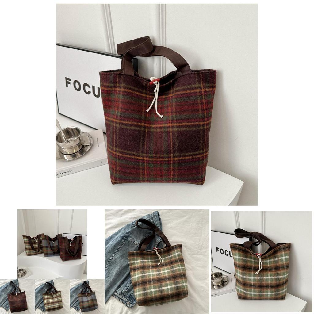 Trendy Plaid Woolen Tote Bag With Large Capacity For Women 2024 New Street Fashion