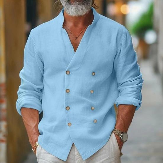 Fall Spring Men Shirt Double-breasted Stand Collar Cardigan Long Sleeves V Neck Loose Mid Length Casual