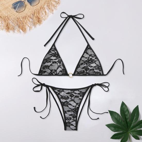 2Pcs/Set Women Bikini Set Halter Swimsuit with Bow Lace-ups Low-rise Swimming Trunks Set
