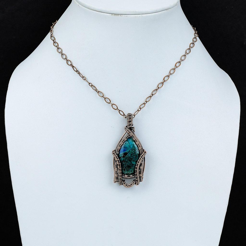 Кулон с хризоколлой, кулон, обмотанный медной проволокой, кулон ручной работы, украшение с хризоколлой, новый кулон, подарок для мамы, медные украшения