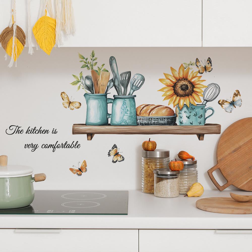 Креативные кухонные принадлежности с подсолнухами и бабочками Наклейка на стену Самоклеящаяся Съемная для кухни Столовой Фон Декор дома