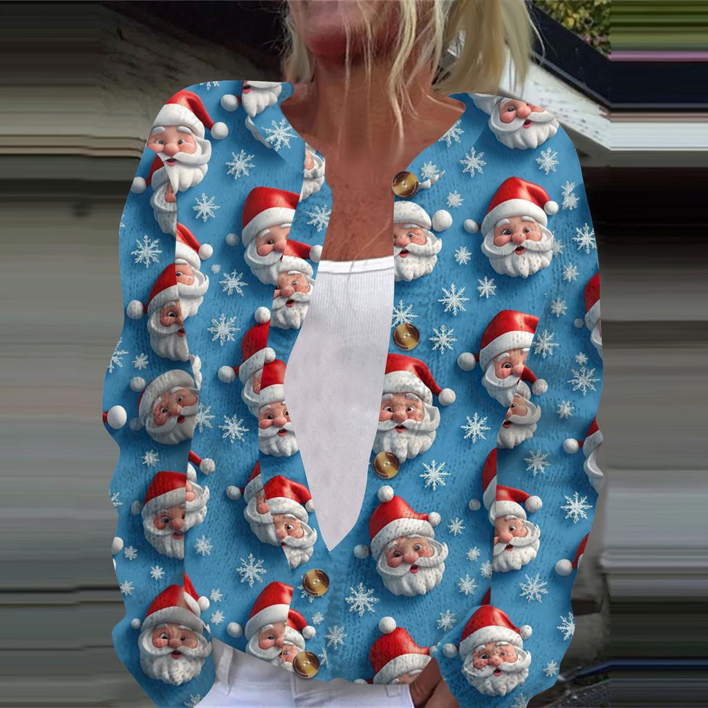 Women's Fashion Christmas Printed Long Sleeve Knitted Cardigan Button Down Jacket