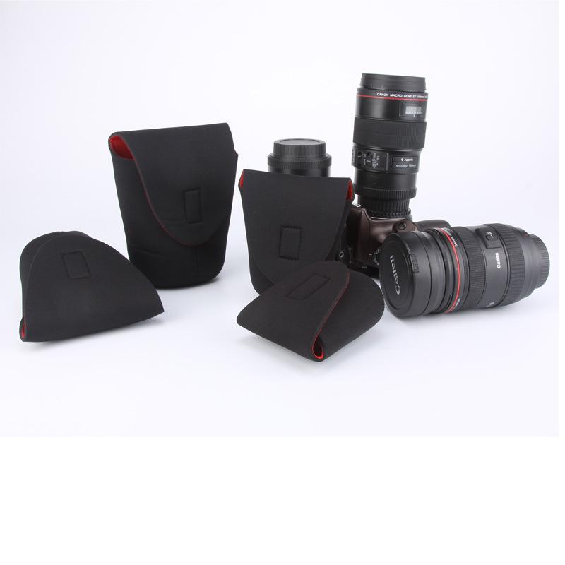 Neoprene Red & Black SLR Camera Lens Pouch - Elastic Protective Storage Bag