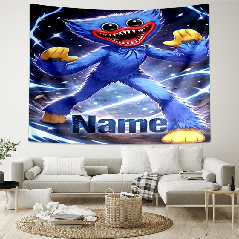 Custom Name Huggy Wuggy Print Tapestry, Backdrop, Easy Setup, Ideal for Bedroom, Office & Living Room, with Aesthetic Wall Hanging Decor.